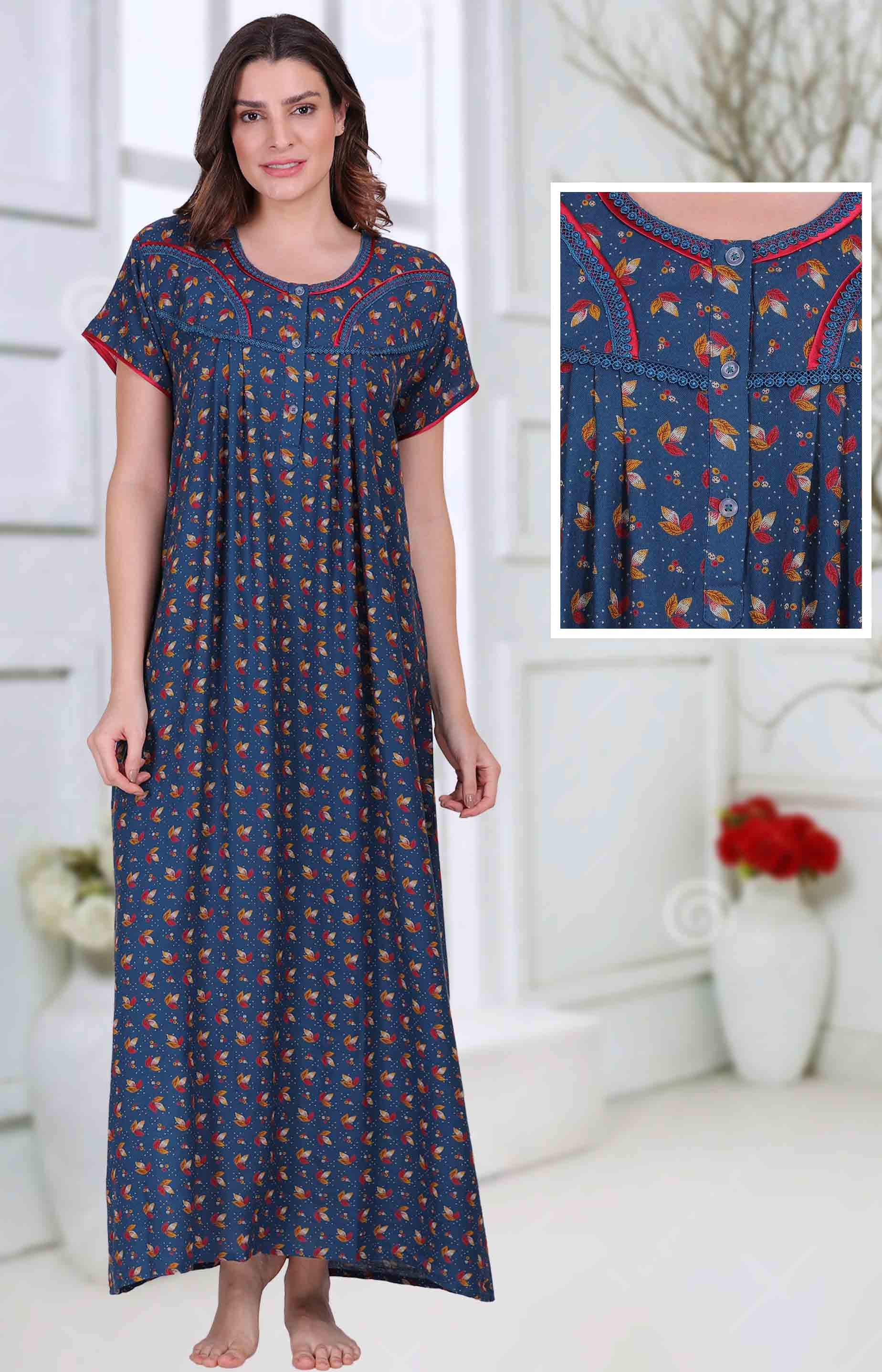 Cotton Long Blue Nighty for ladies - Main Image