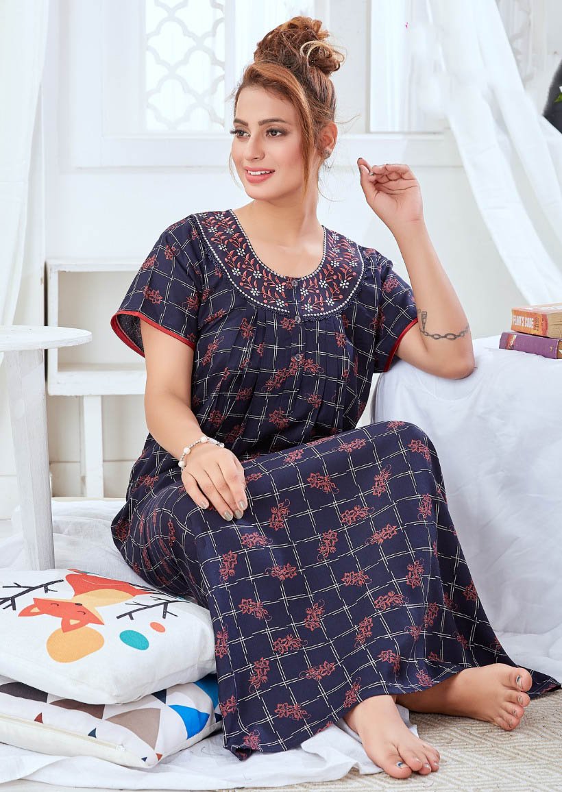 Cotton Long Dark Blue Nighties for ladies with Embroidery