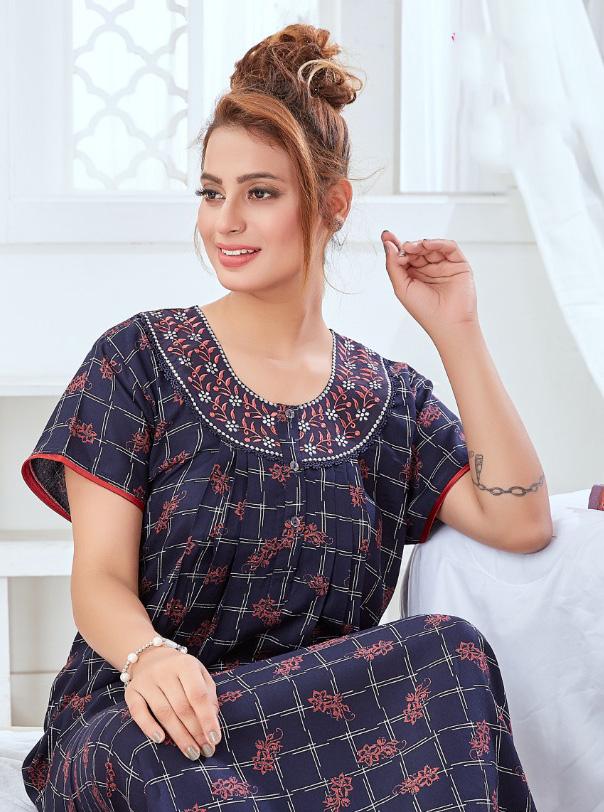 Cotton Long Dark Blue Nighties for ladies with Embroidery