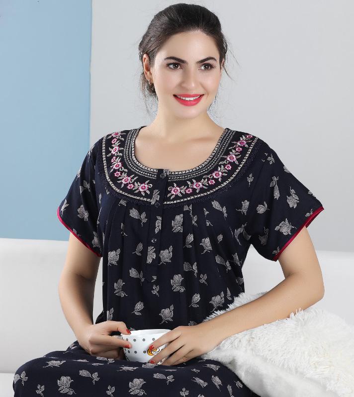 Cotton Long Dark Blue Nighty for Woman with Embroidery