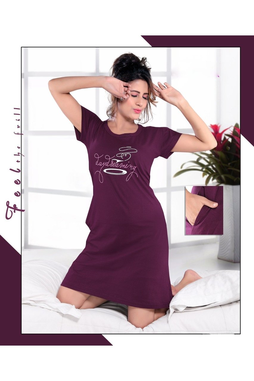 Cotton Short Nighty With Pocket Purple