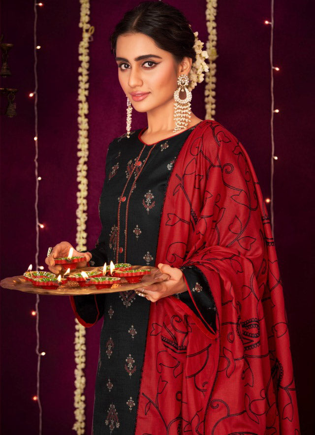 Women's Unstitched Cotton Black Suit Dress Material with Dupatta
