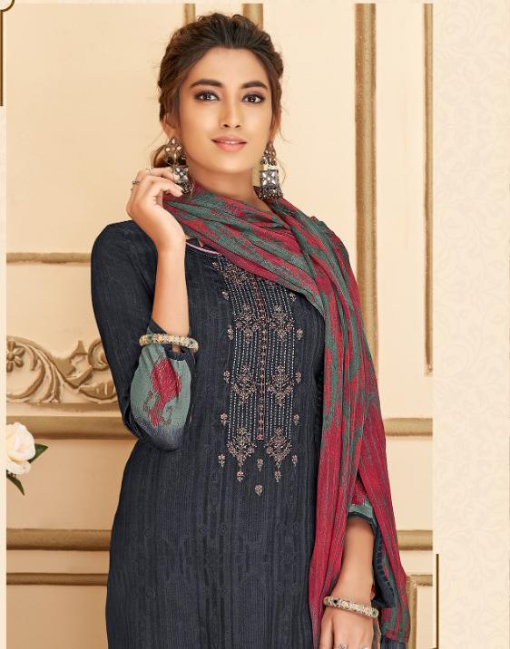 Cotton Unstitched Black Salwar Suit Material with Chiffon Dupatta