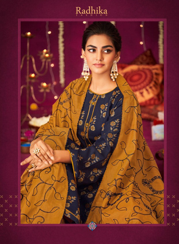 Cotton Unstitched Blue Salwar Suit Material with Embroidered Dupatta