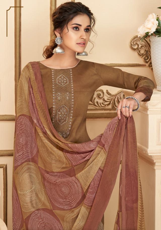 Cotton Unstitched Brown Salwar Suits Material with Chiffon Dupatta for Woman