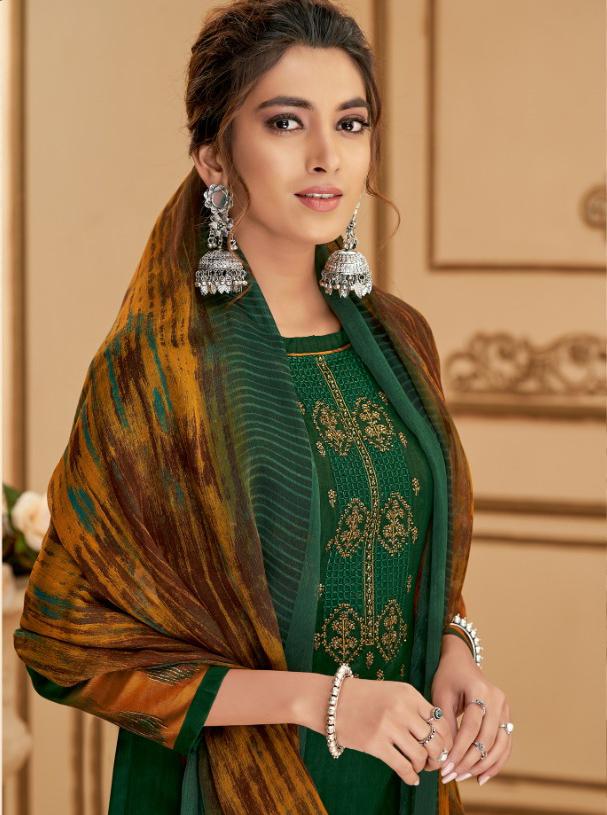 Cotton Unstitched Green Salwar Suits Material with Chiffon Dupatta for Woman