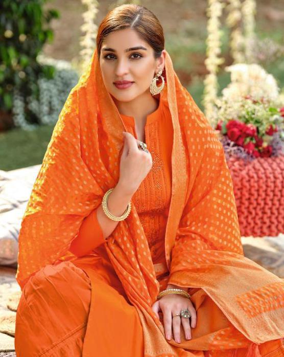 Cotton Unstitched Orange Salwar Suits Material for Ladies