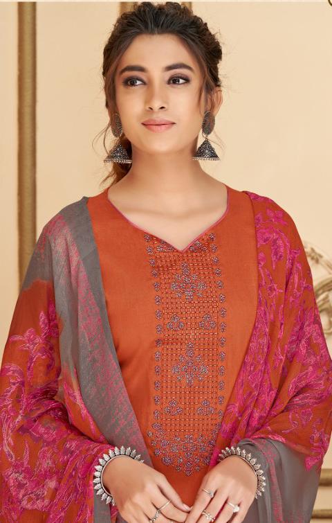 Cotton Unstitched Orange Salwar Suits Material with Chiffon Dupatta for Woman