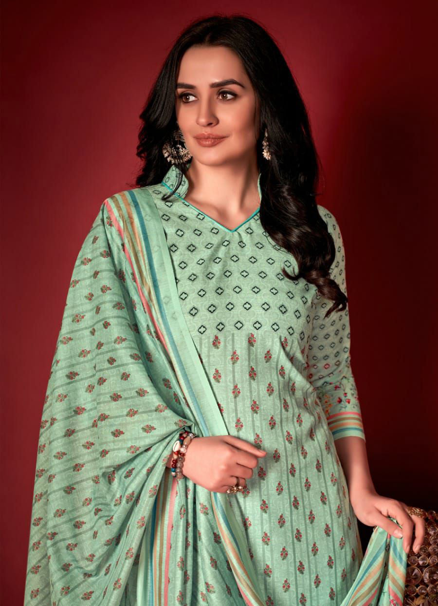 Cotton Unstitched Suit Material With Green Dupatta