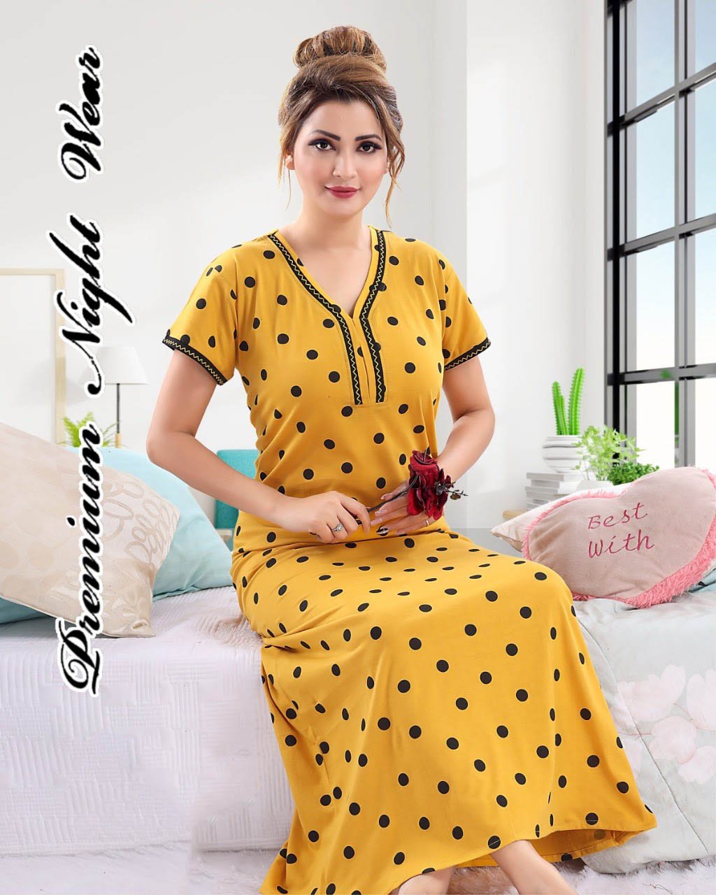 Cotton Yellow Long Nighty Nightgown for Women