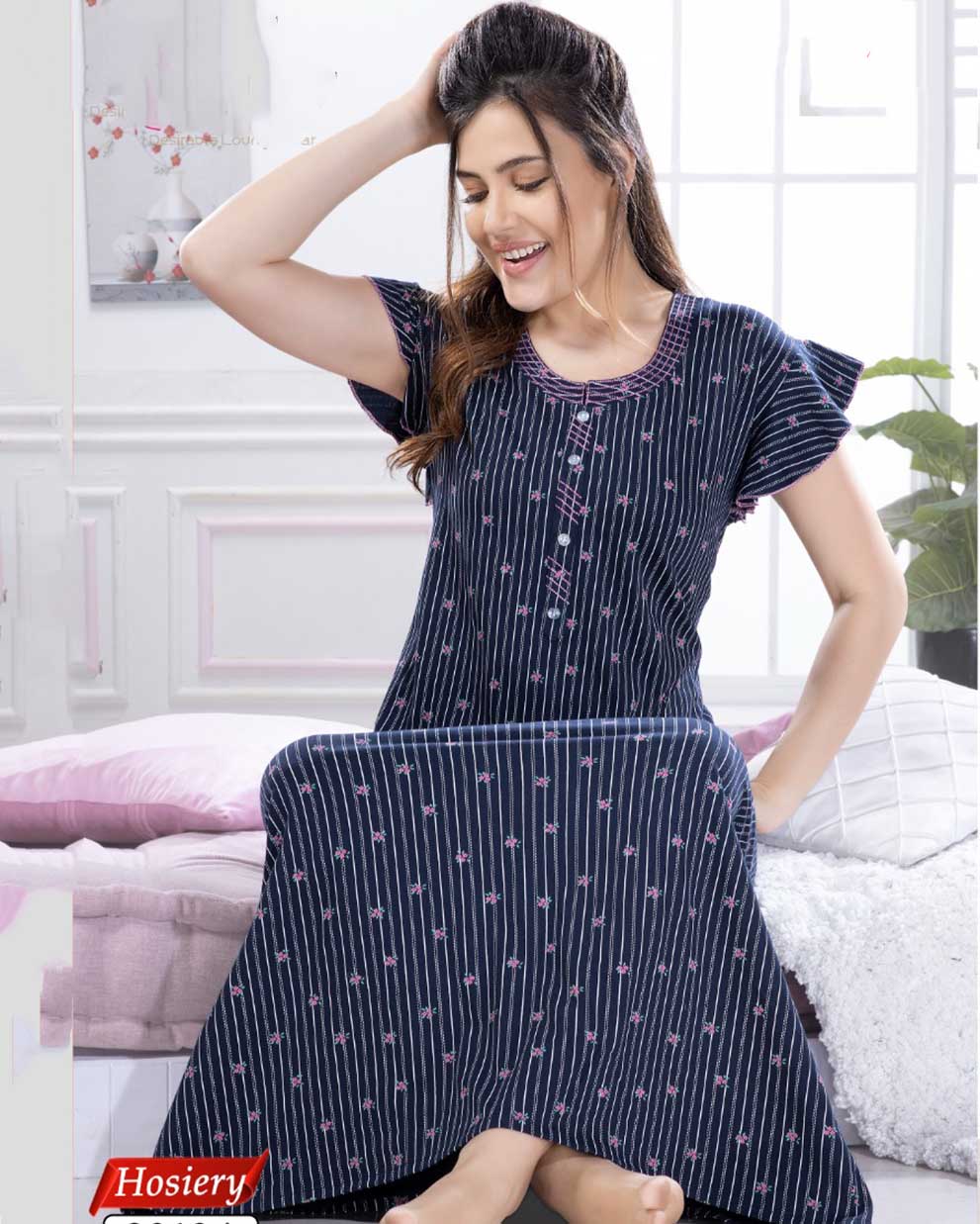 Dark Blue Printed Cotton Maxi Nightdress for Ladies