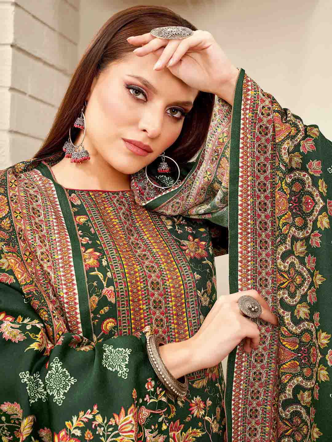 Green Printed Spun Pashmina Unstitched Winter Suit