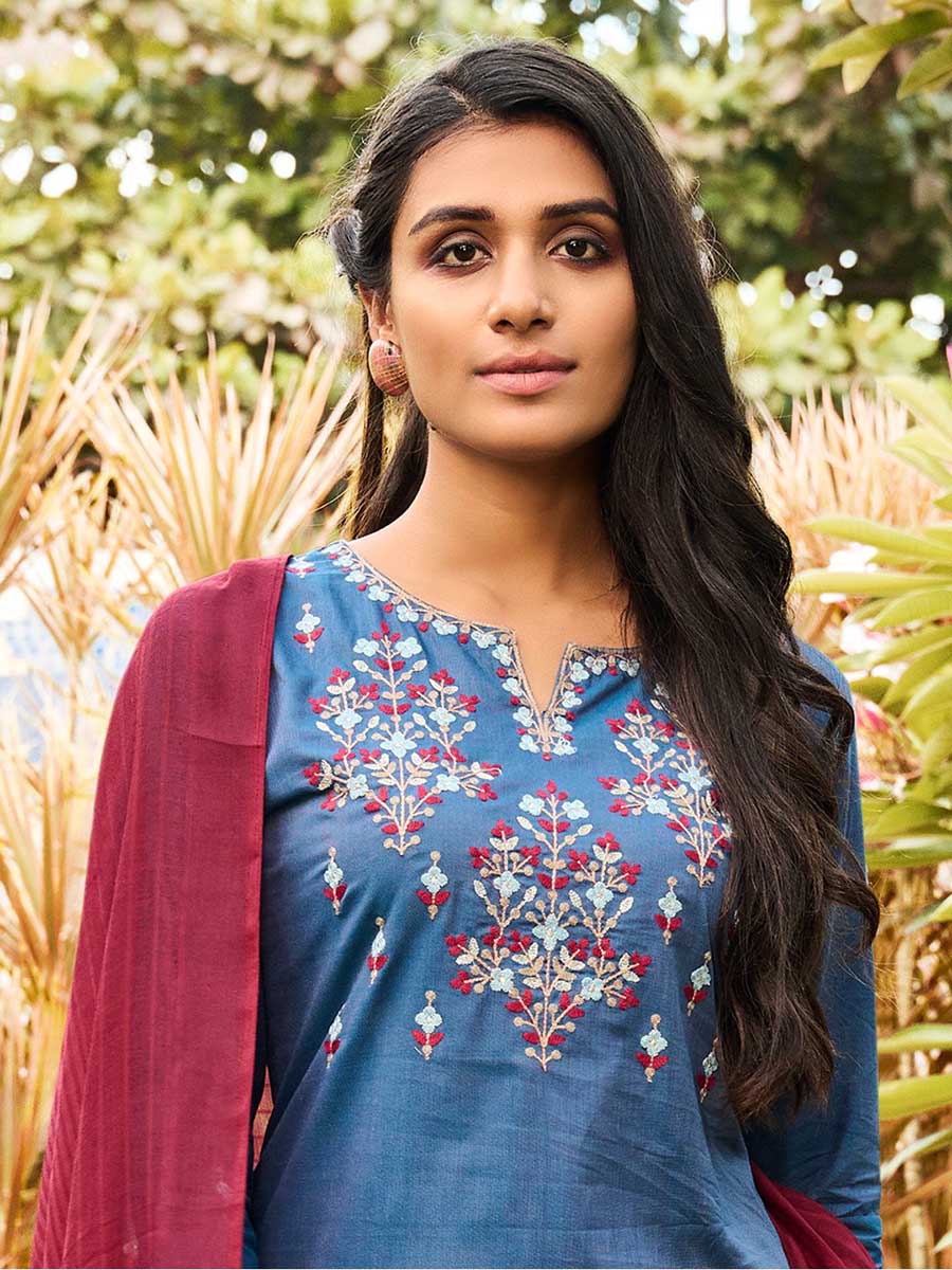 Dark Grey Cotton Embroidered Stitched Suit Set