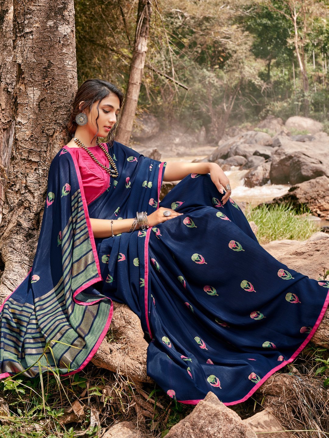 Designer Blue Printed Chiffon Saree for Women With Blouse