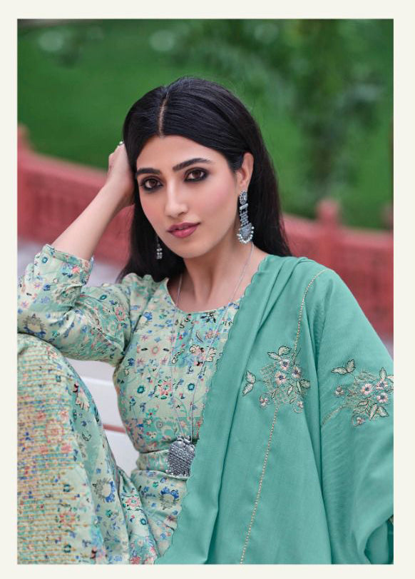 Designer Green Unstitched Jam Cotton Dress materials For Ladies