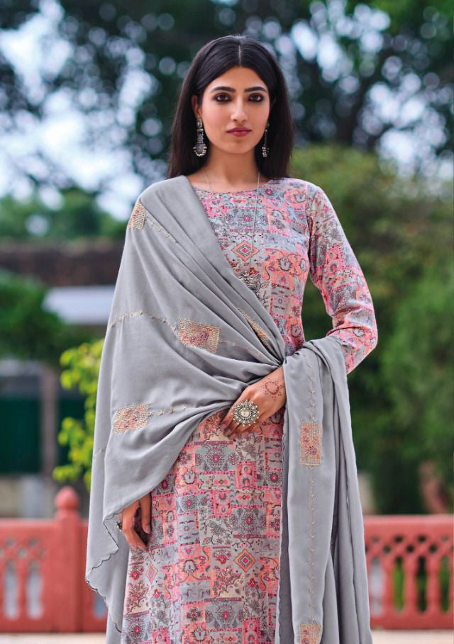 Designer Grey Unstitched Jam Cotton Dress materials For Ladies Stilento Designer Grey Unstitched Jam Cotton Dress materials For Ladies Stilento
