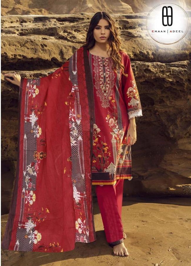Emaan Adeel Pure lawn Unstitched Pakistani Suits With Mal Mal Duppata
