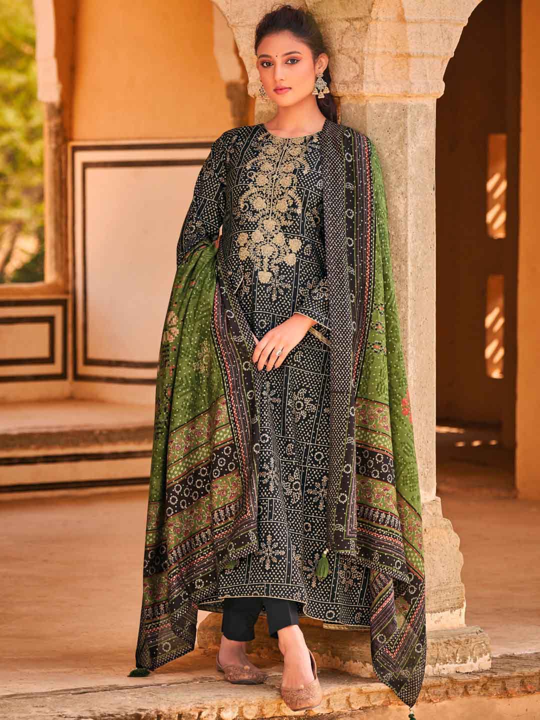 Embroidered Black Viscose Unstitched Women Suit Dress Materials