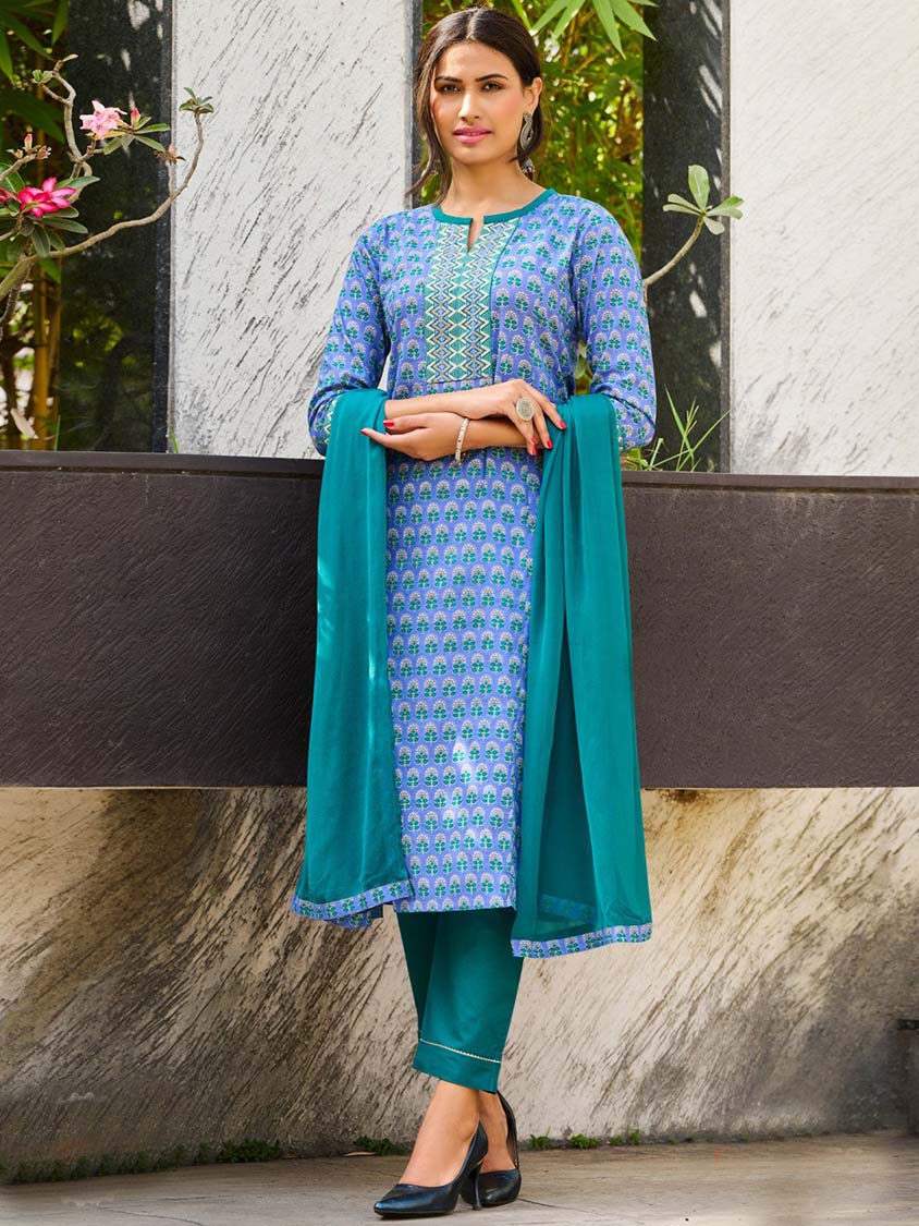 Embroidered Blue Cotton Stitched Suit Set