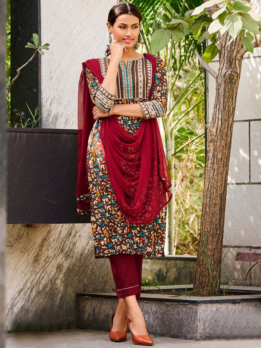 Embroidered Brown Cotton Stitched Suit Set