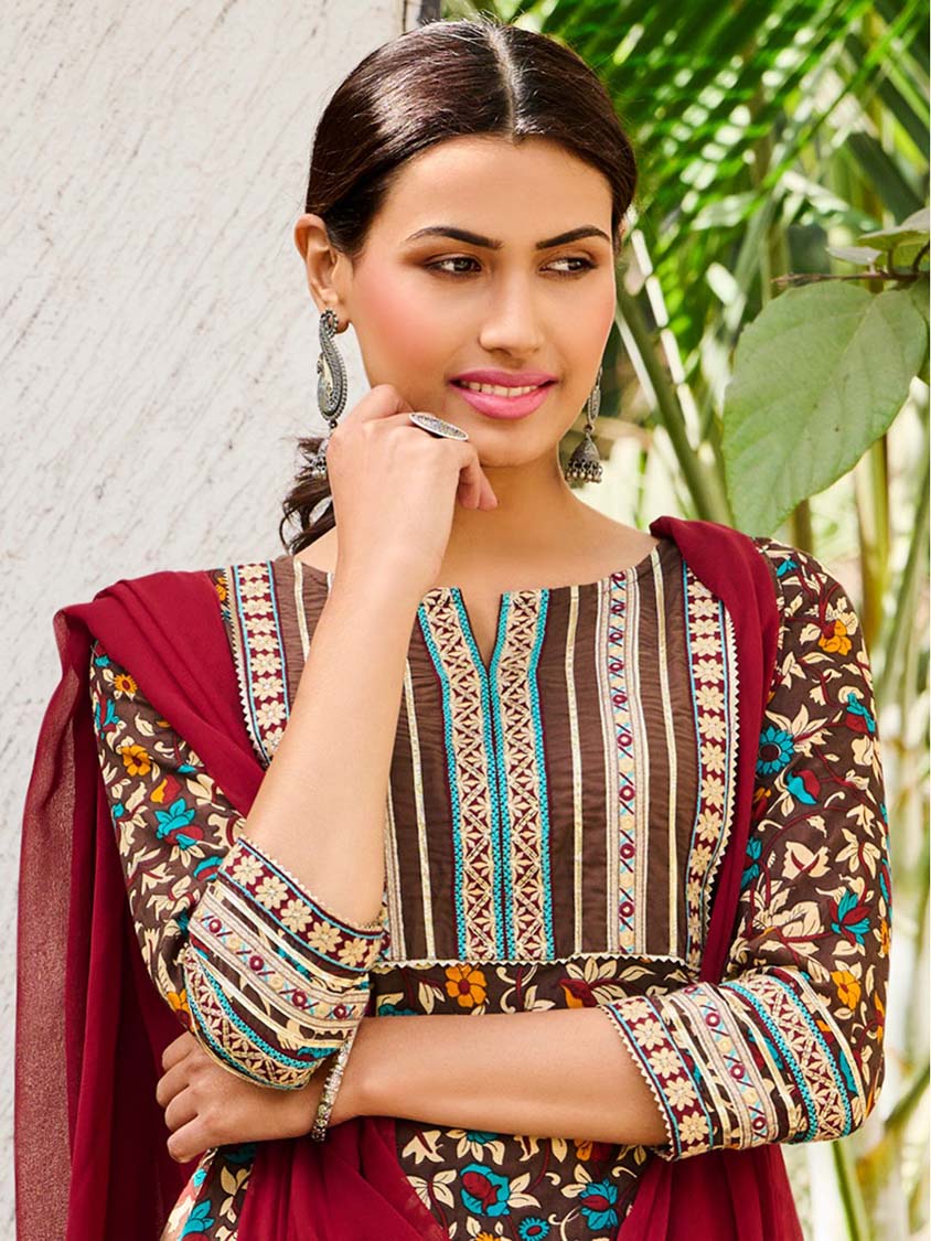 Embroidered Brown Cotton Stitched Suit Set