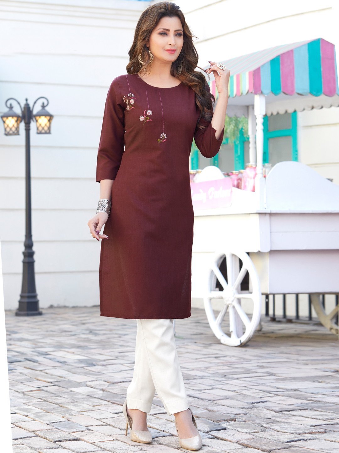 Embroidered Brown Women's Cotton Kurta