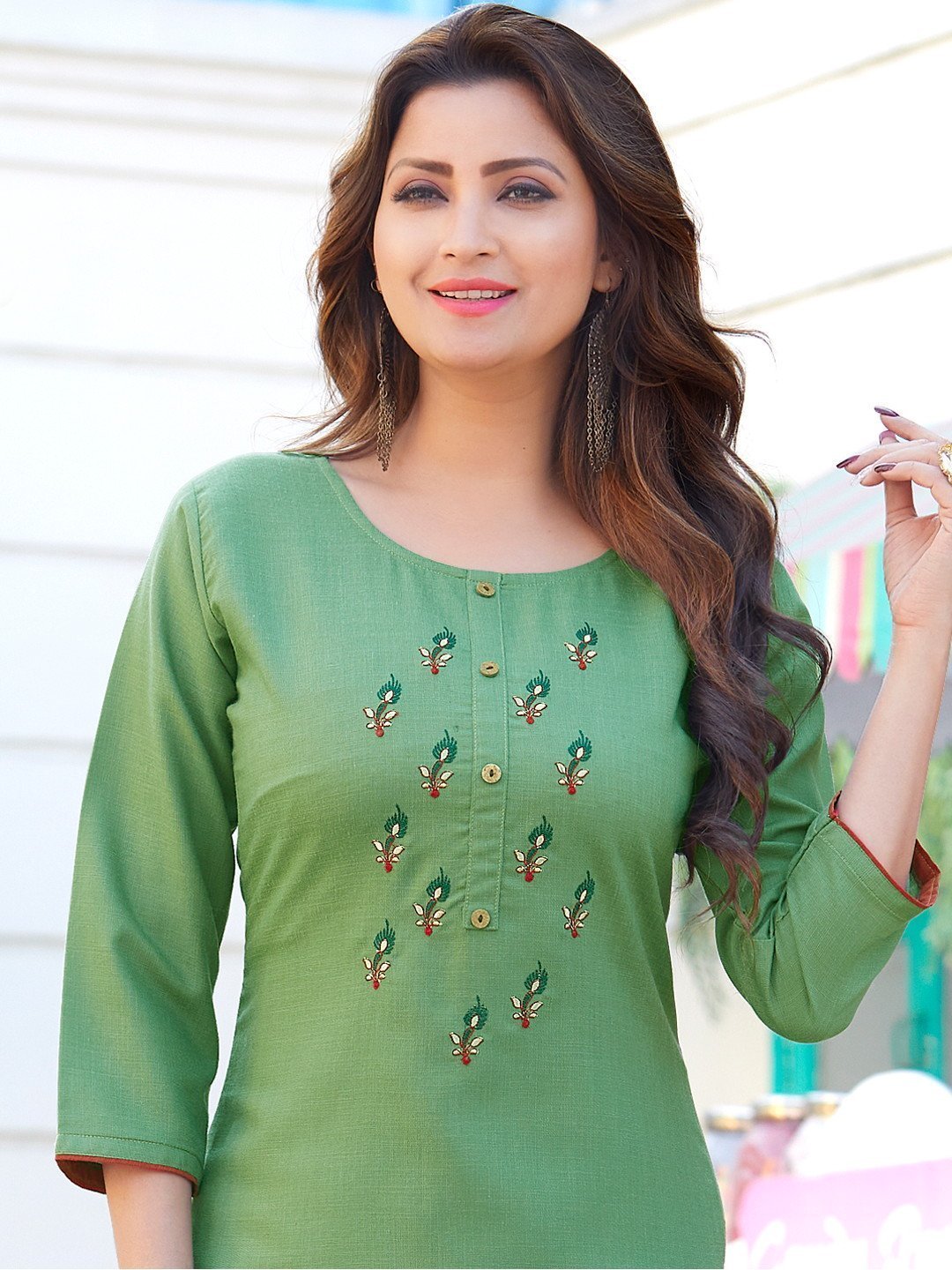 Embroidered Green Side Slit Cotton Kurta