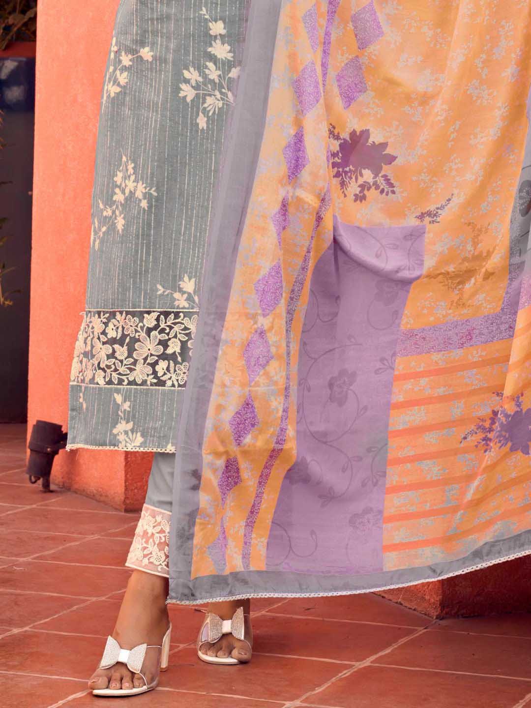 Masakali Embroidered Grey Cotton Unstitched Suit Set