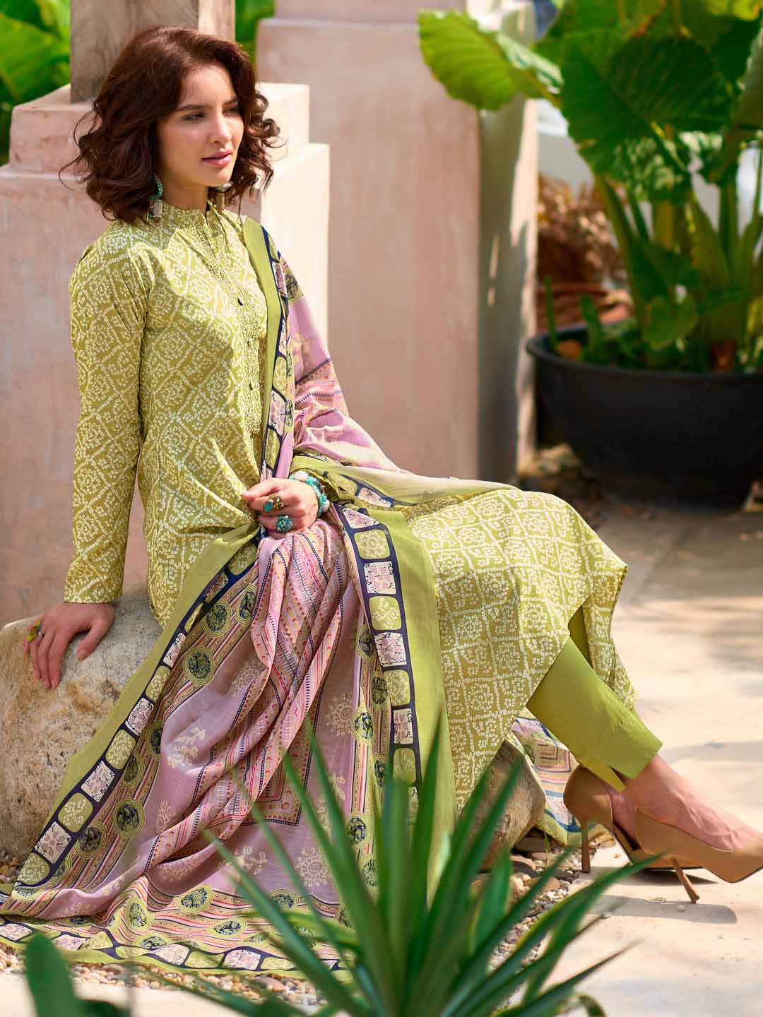 Unstitched Pure Lawn Cotton Green Suit Material with Embroidery