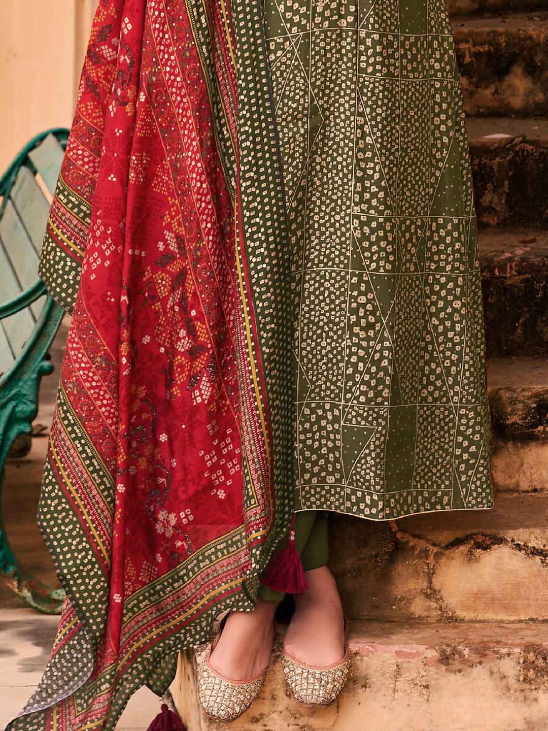 Embroidered Mahendi Green Viscose Unstitched Women Suit Dress Materials