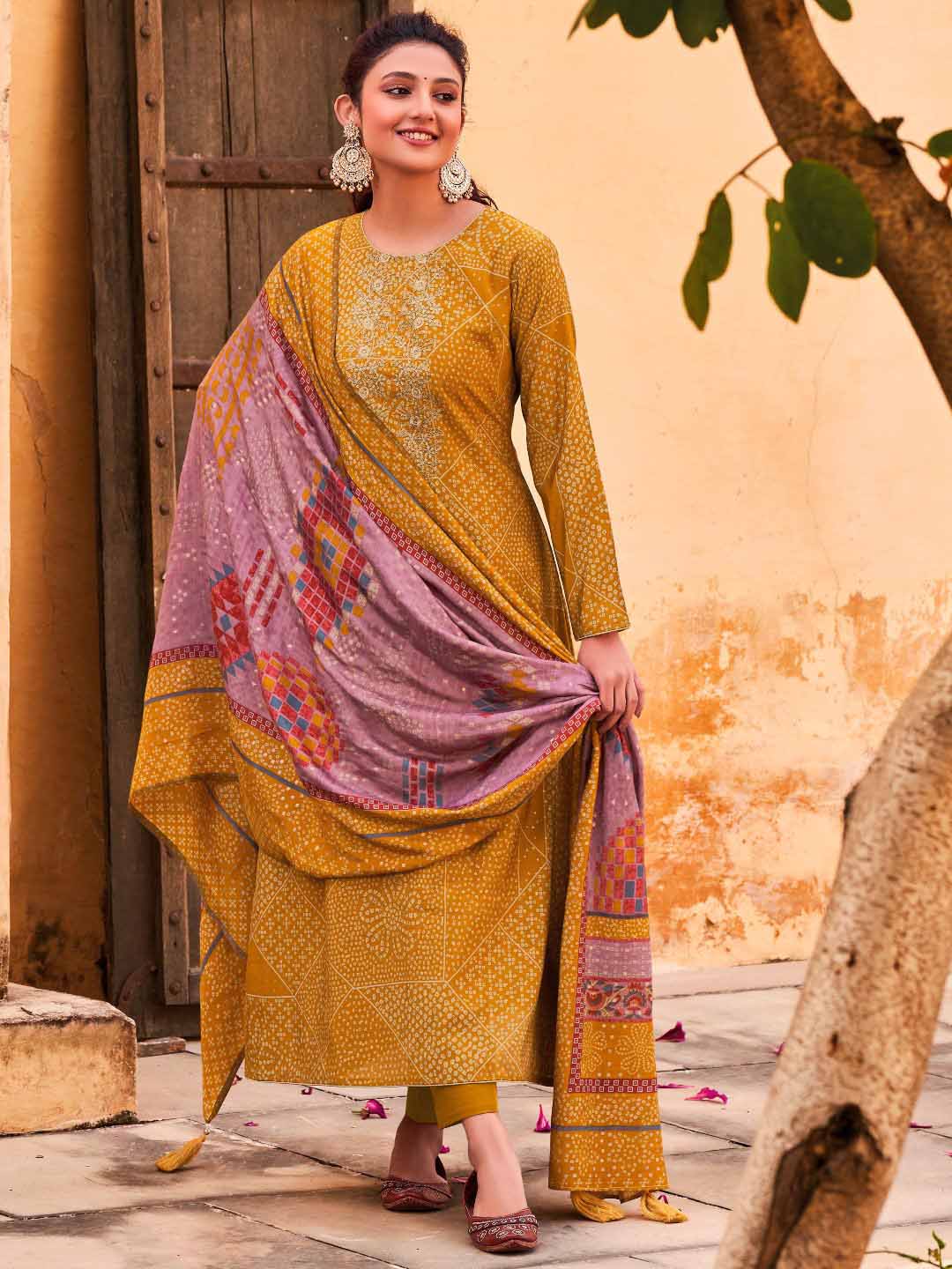 Embroidered Mustard Yellow Viscose Unstitched Women Suit Dress Materials
