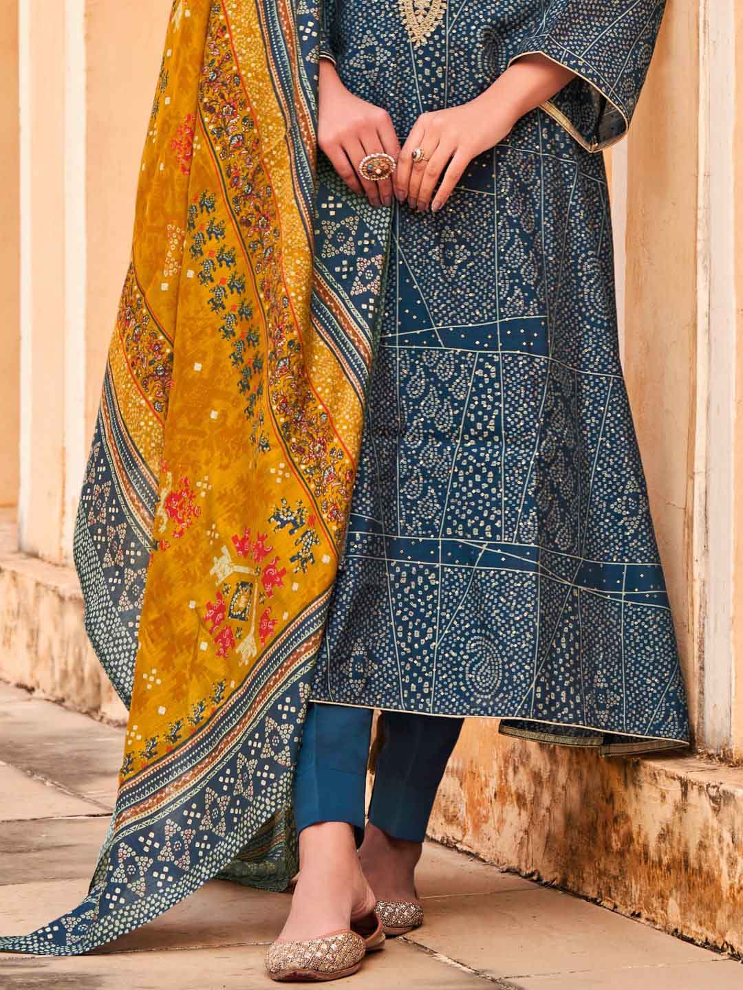 Embroidered Octane Blue Viscose Unstitched Women Suit Dress Materials