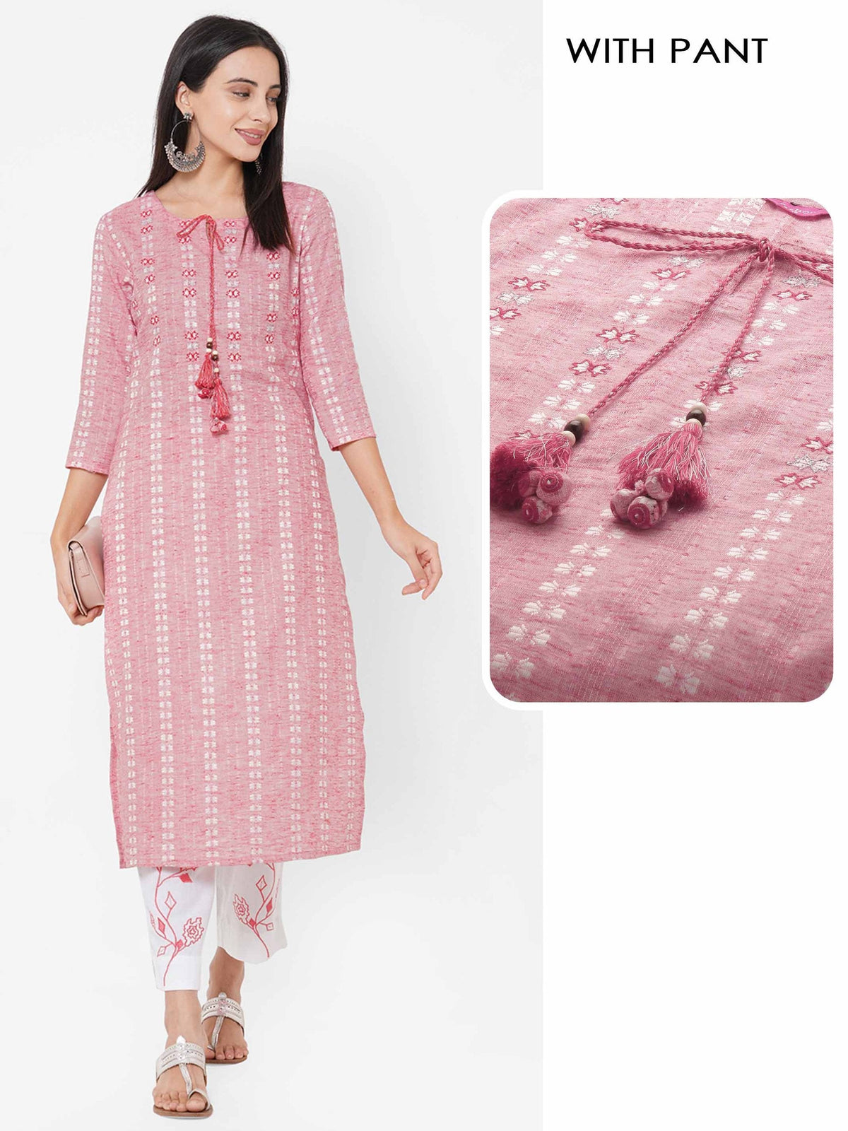 Embroidered Pink Straight Cotton Kurta Pant Set