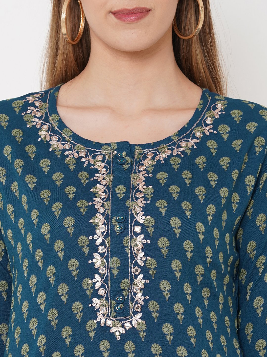 Embroidered Printed Blue Rayon Kurta Pant Set