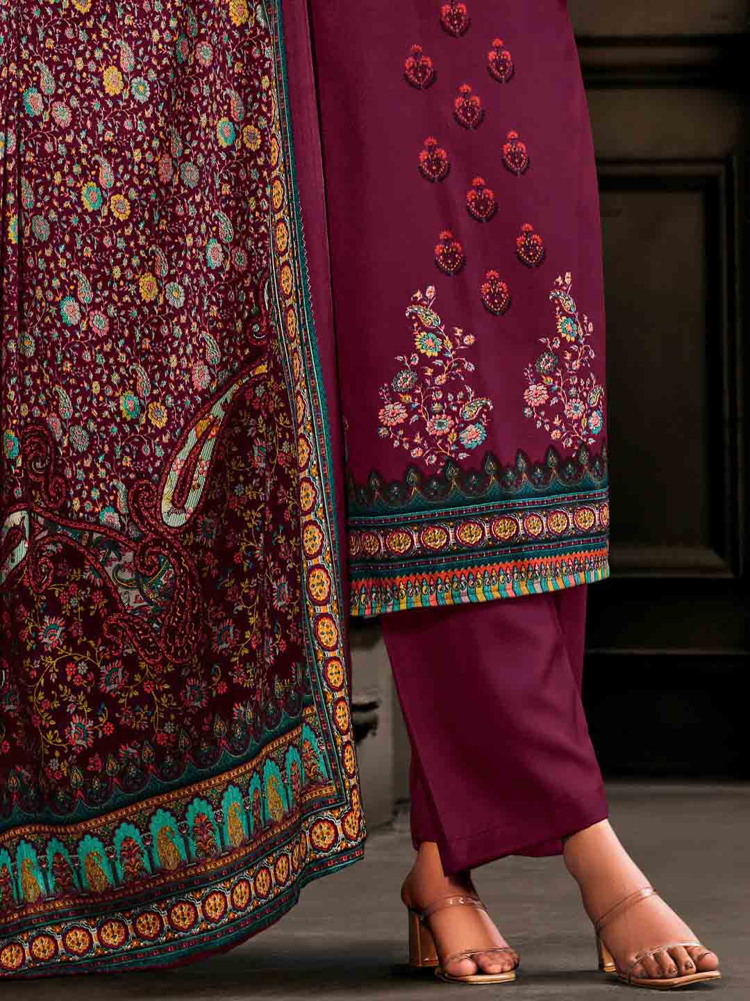 Wool Pashmina Purple Unstitched Winter Ladies Suits Set