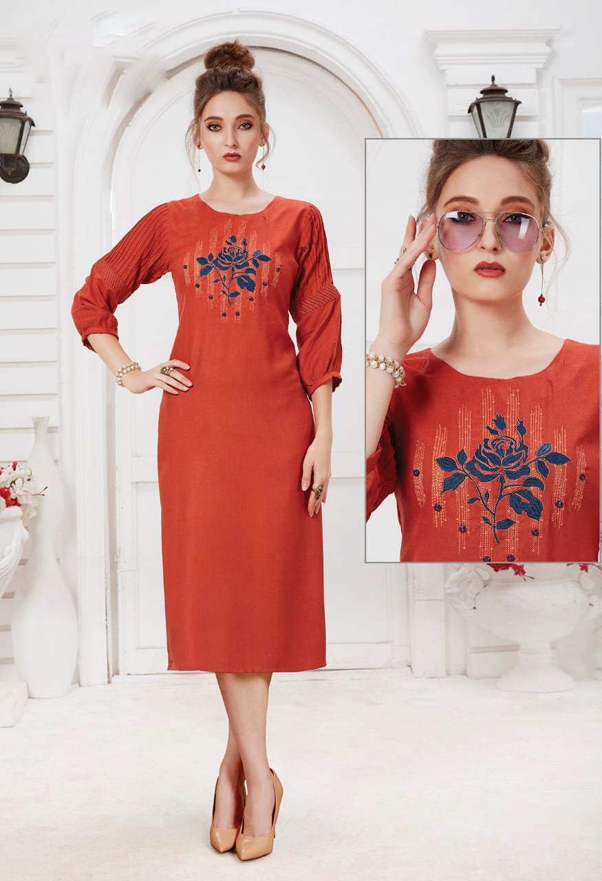 Embroidered Red Straight Kurta for Women