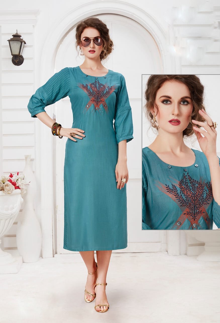 Embroidered Sky Blue Straight Kurta for Women