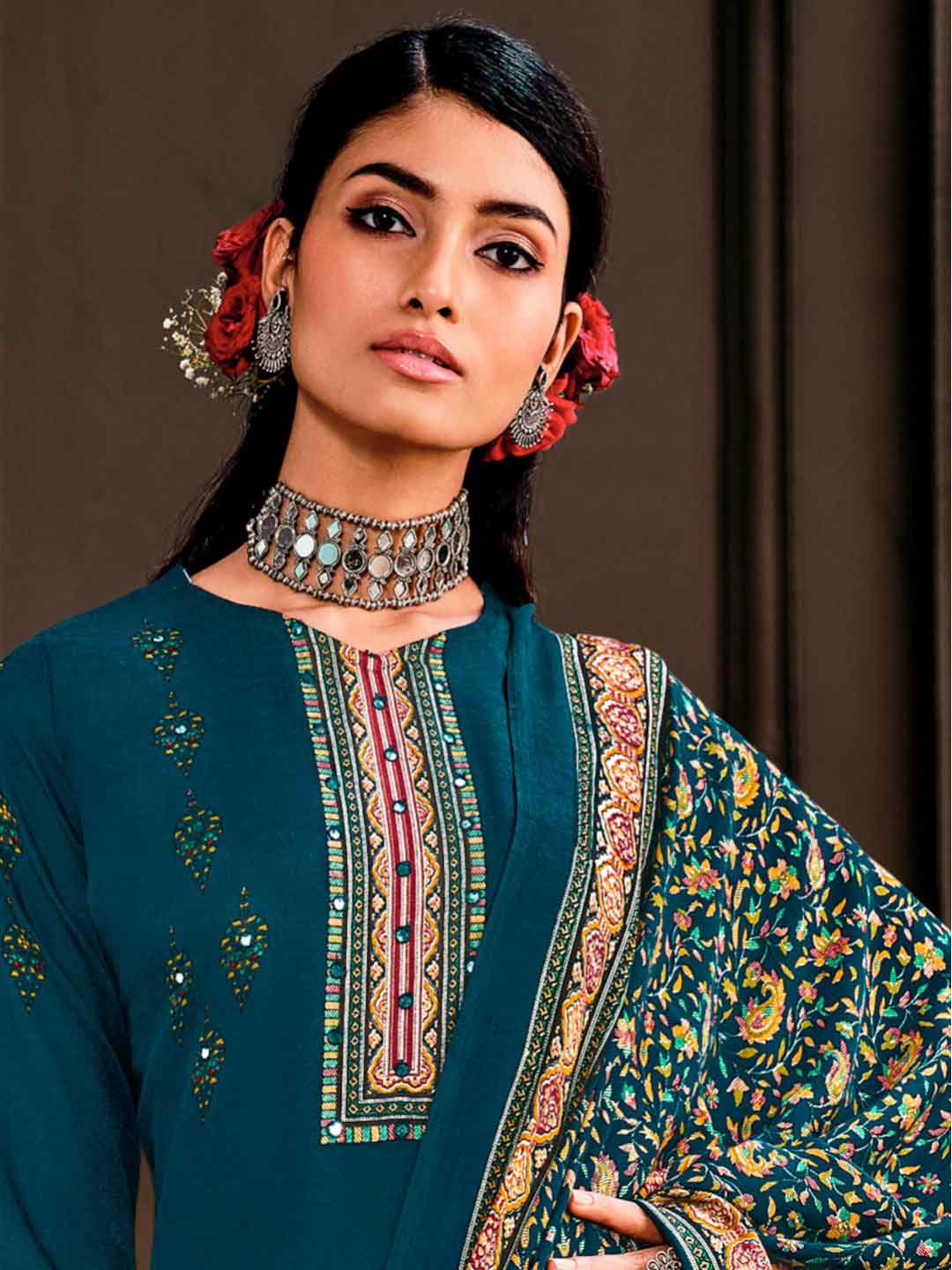 Wool Pashmina Teal Blue Unstitched Winter Ladies Suits Set