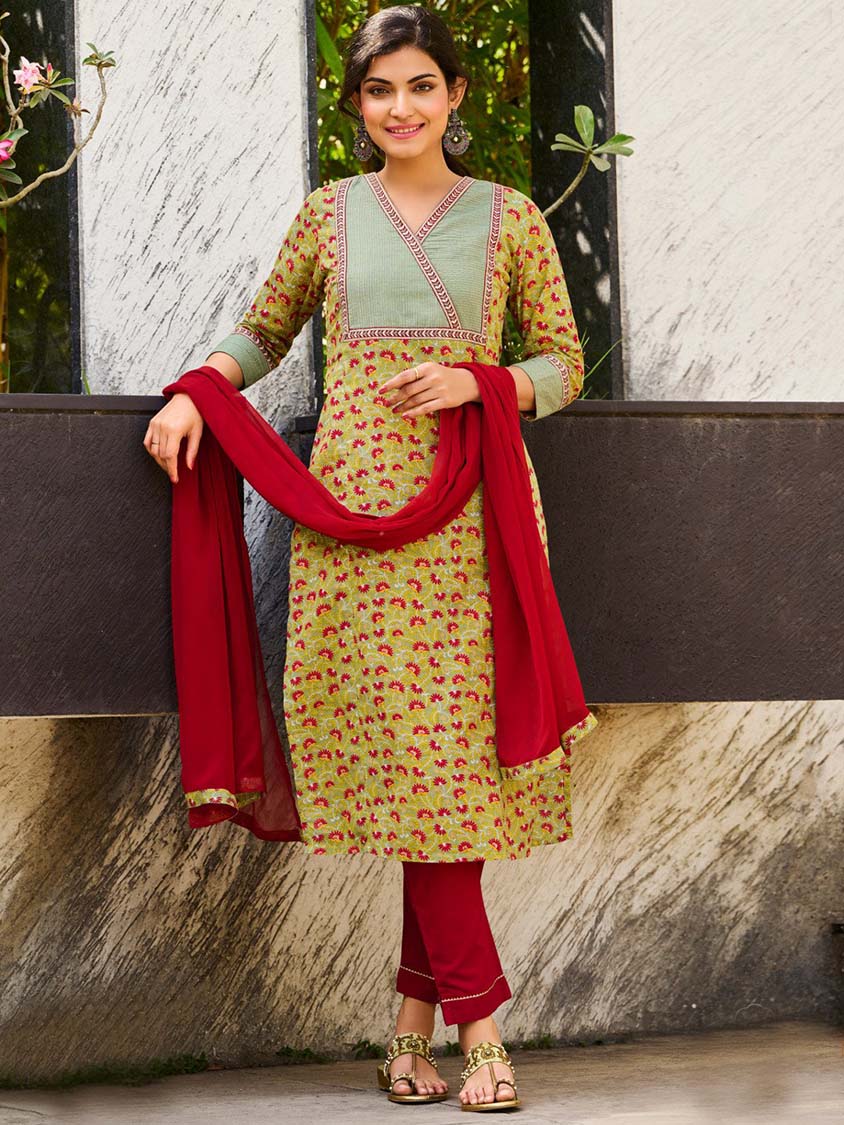 Embroidered Yellow Cotton Stitched Suit Set