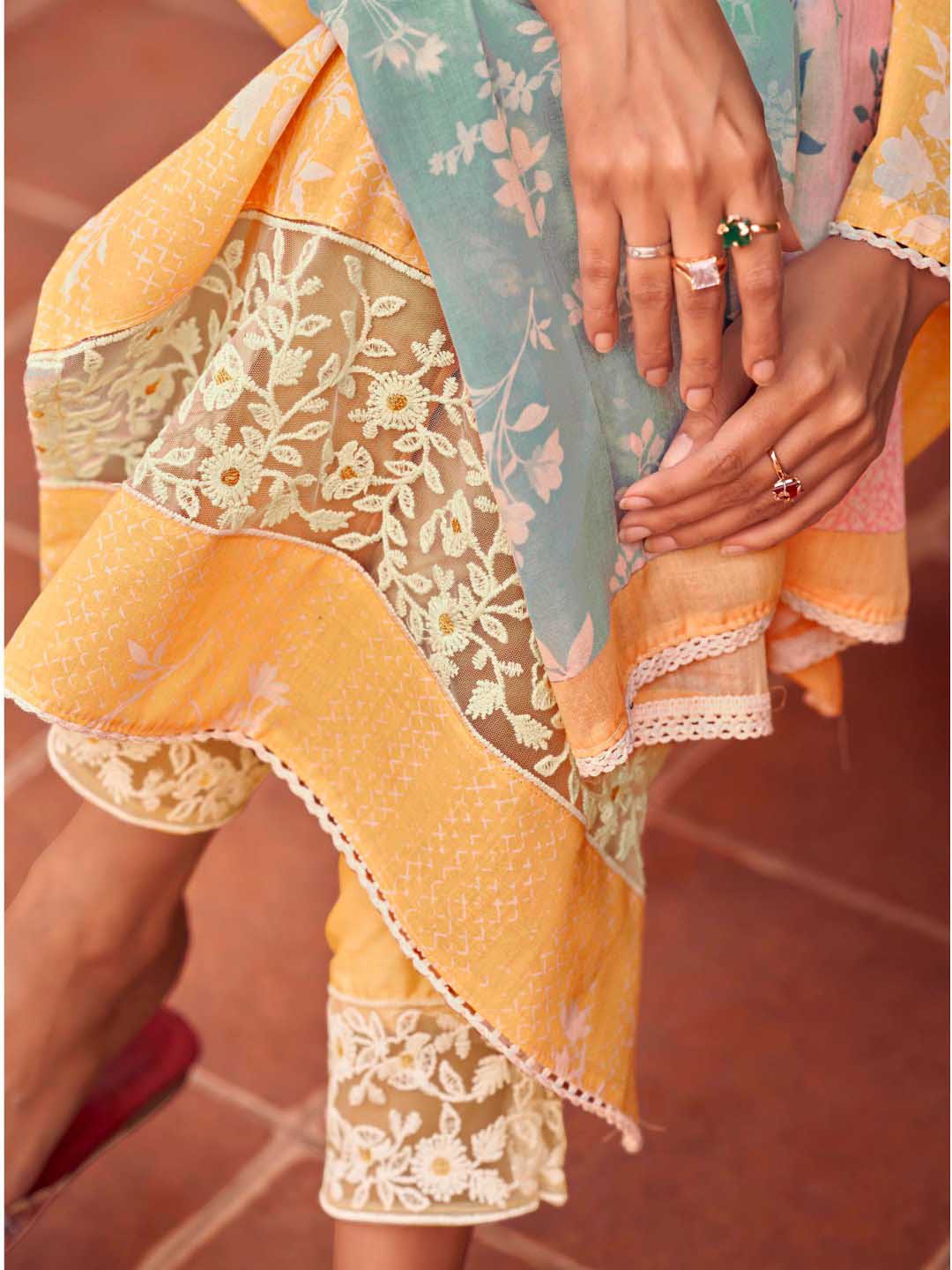 Masakali Embroidered Yellow Cotton Unstitched Suit Set