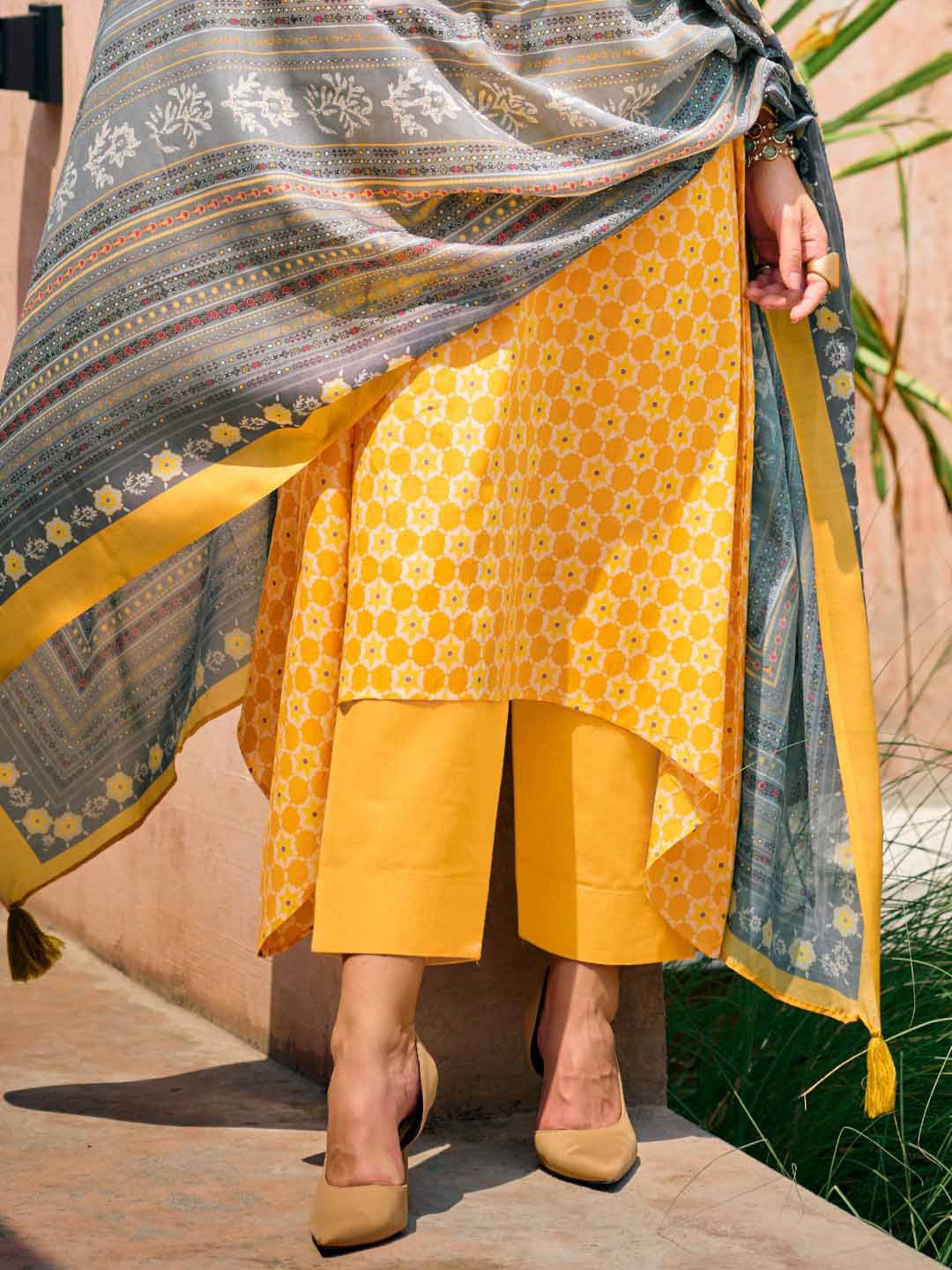 Unstitched Pure Lawn Cotton Yellow Suit Material with Embroidery