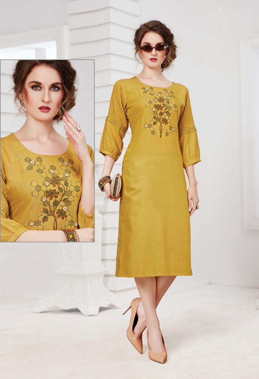 Embroidered Yellow Long Straight Kurta for Women