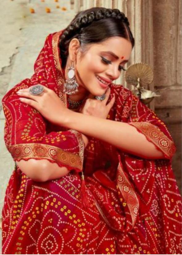 Fancy Bandhani georgette Red Ladies Sarees With Blouse