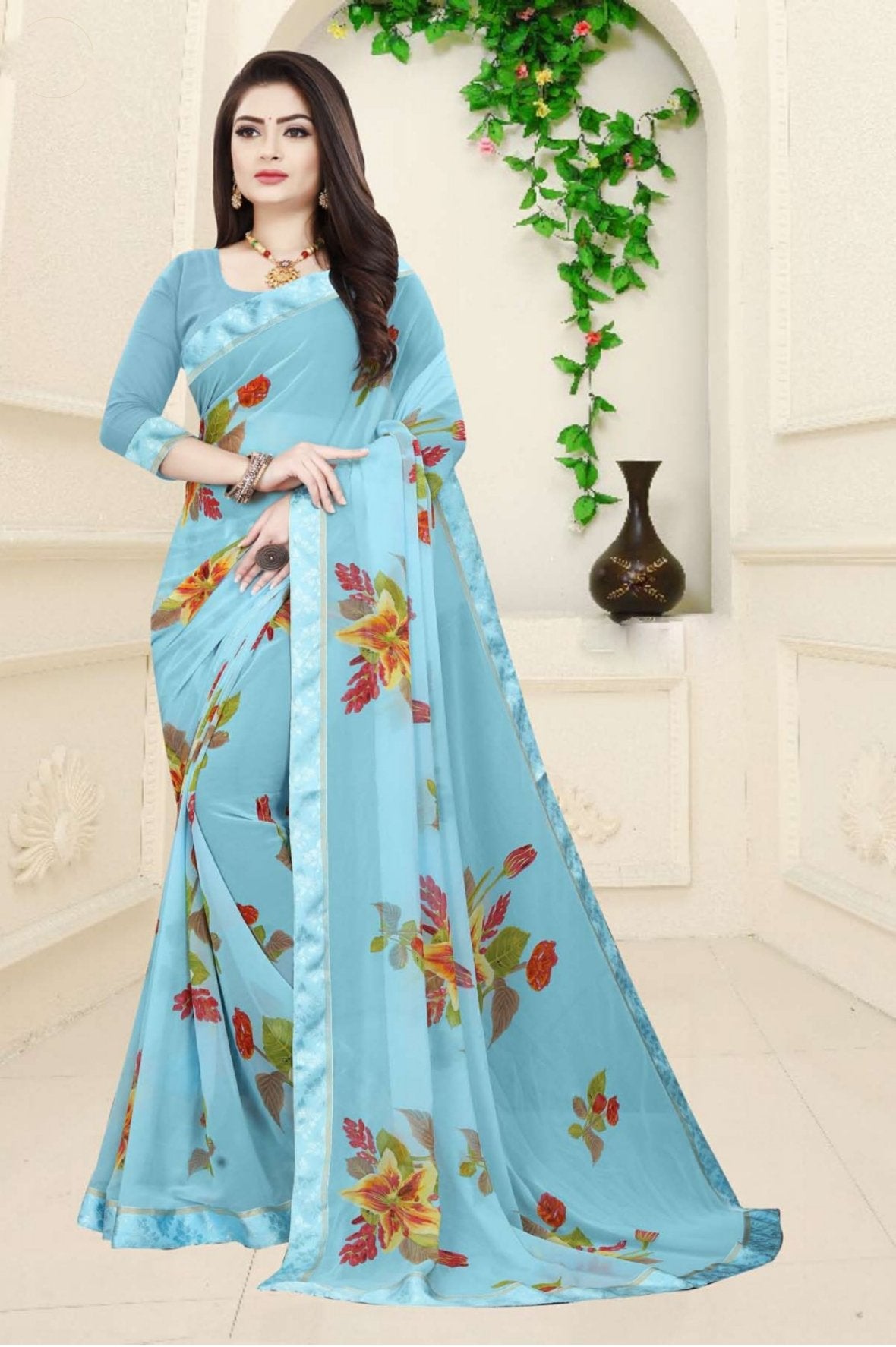 Fancy Border Pure Georgette Blue Printed Women saree