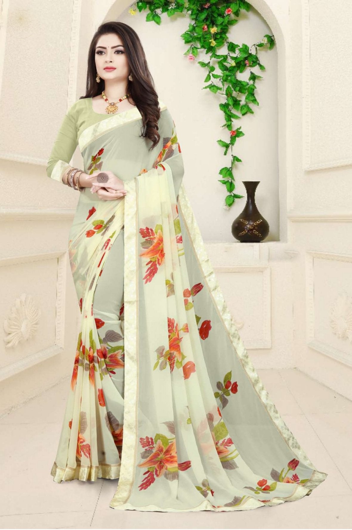 Fancy Border Pure Georgette Green Printed Ladies saree