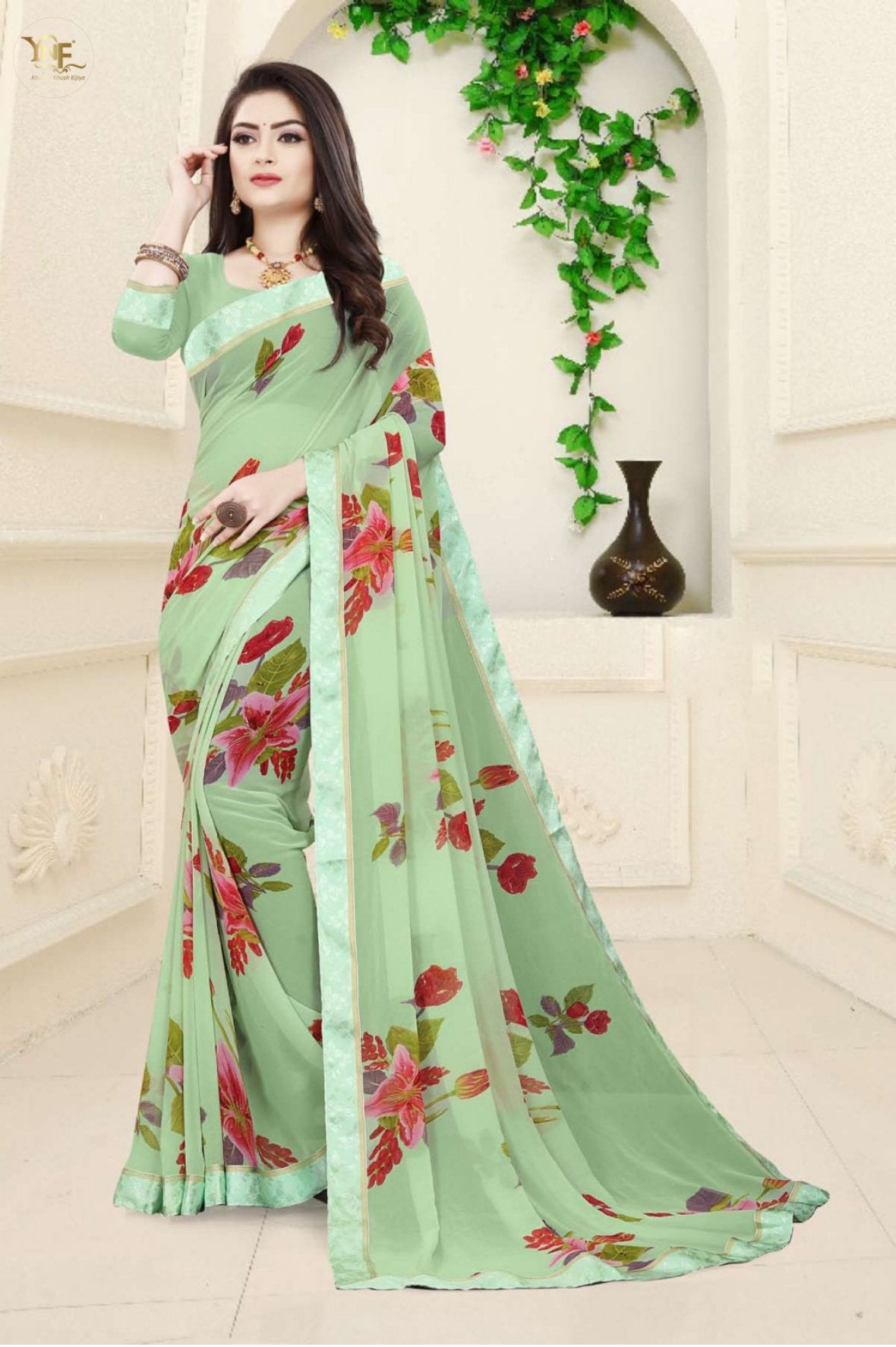 Fancy Border Pure Georgette Green Printed Ladies saree