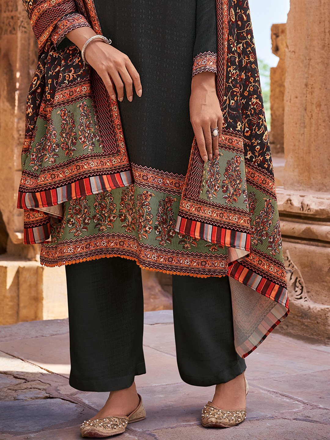 Faux Pashmina Black Unstitched Suits Dress Material for Woman