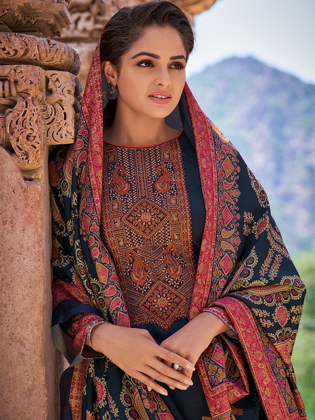 Faux Pashmina Blue Unstitched Suits Dress Material for Woman