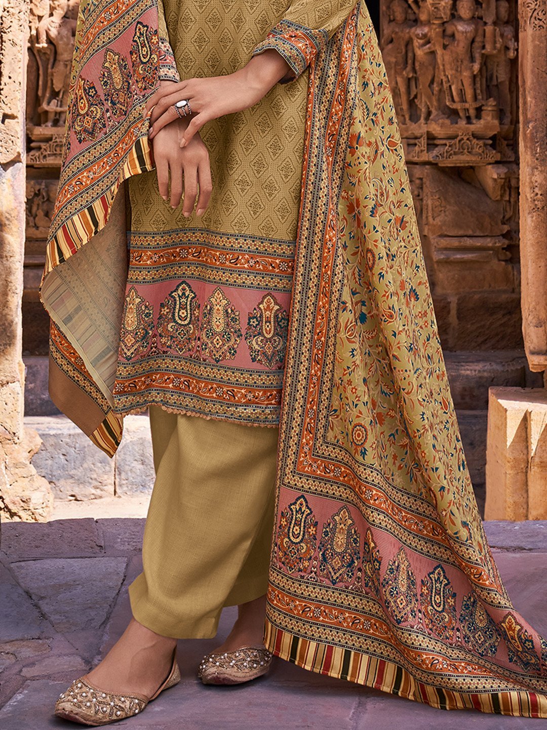 Faux Pashmina Brown Unstitched Suits Dress Material for Woman