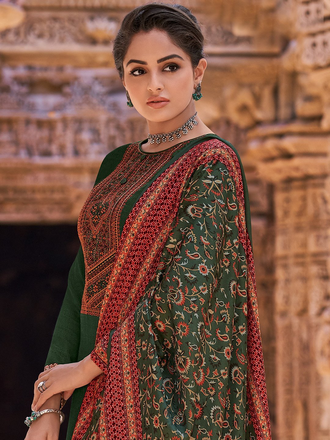 Faux Pashmina Green Unstitched Suits Dress Material for Woman